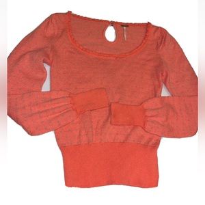 Free People PEACH WOOL Sweater Puff Sleeves Scoop Fringe Neck Gray Dots Keyhole